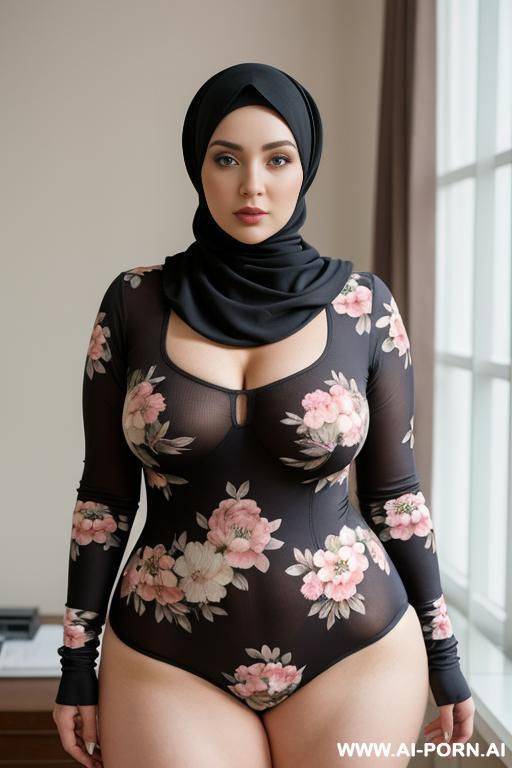 curvy russian thick wife wearing hijab standing floral - #main