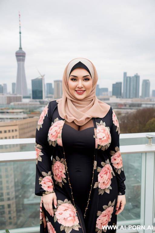 smiling curvy russian thick wife wearing hijab standing floral - #main
