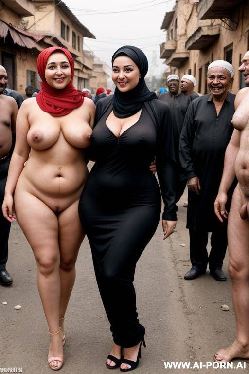 smiling curvy russian thick wife wearing hijab surrounded by many naked old men in ethiopian street - #main