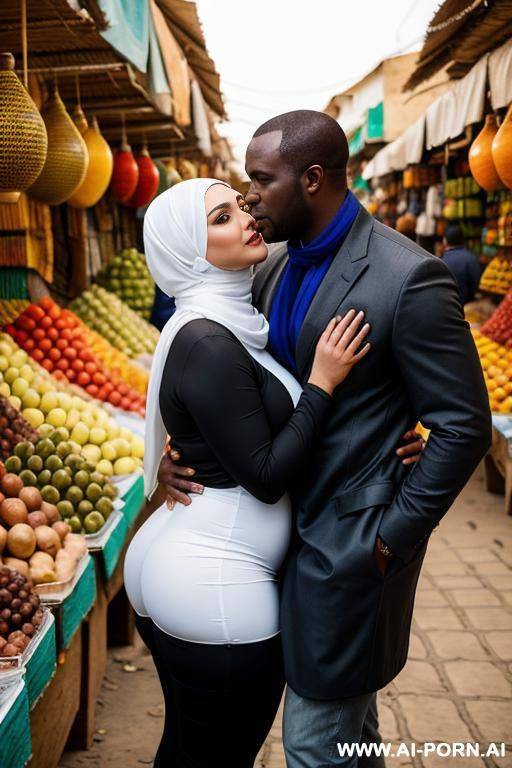 curvy russian thick wife wearing hijab hugged from african man in african market - #main