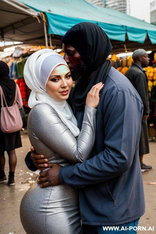 curvy russian thick wife wearing hijab hugged from homeless african man in african market - #main