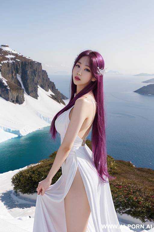 hi quality picture, super realistic, goddess woman on top of the mountain iceberg, snowfall, very long hair, white dress, - #main