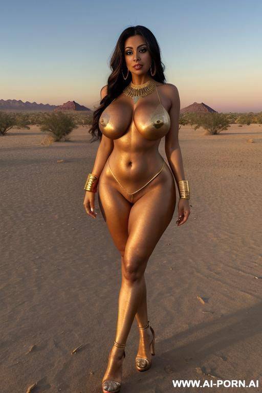 busty muscular egyptian princess. toned with gigantic round tits. tall gold platform high heels. big bell shaped boobs. deep tanned. necklace, earrings, ankle chain, thigh chain. oiled. gold head dress. - #main