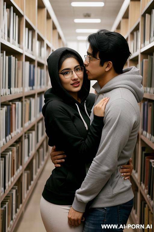 (nerdy pakistani woman) (unzipped hoodie (expose breasts)) (hugging (asian male)) - #main