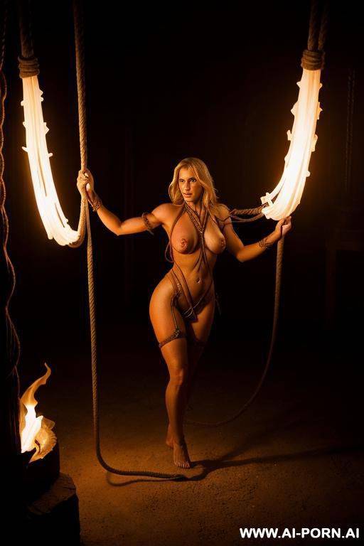 blonde woman, totally naked, barefoot, in hell, rope bondage, whipped by demon, group of women, dramatic lighting - #main