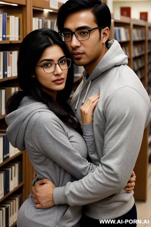(nerdy pakistani woman) (lifting up hoodie (expose breasts)) (hugging (asian male)) - #main