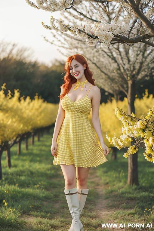 amazing legs in yellow gingham dress, gold choker, brown boots - #main