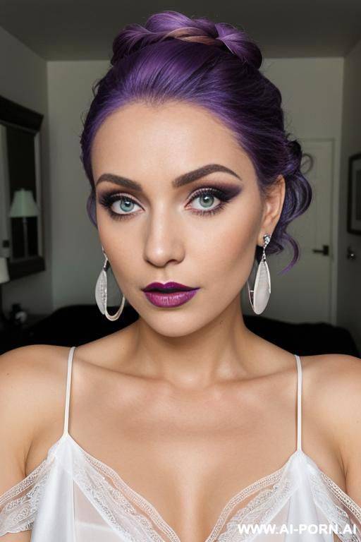 pretty face, perfectly symmetrical facial features, makeup, earrings, (sheer white short night gown) - #main