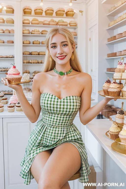 amazing legs in strapless green gingham dress, gold choker, boots, long blond tails - #main