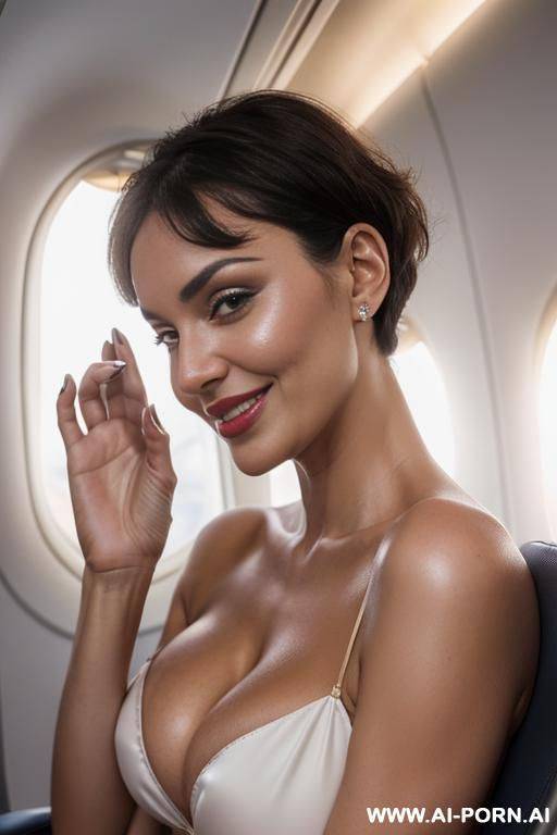 smiling curvy russian brunette busty wife with messy short haircut fully naked sitting with old homeless black man in airplane - #main