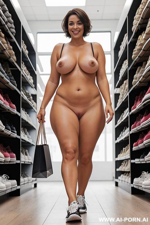 nude mom walking in shoe store naked in (sneakers). smiling. brunette short hair. curvy overw. - #main