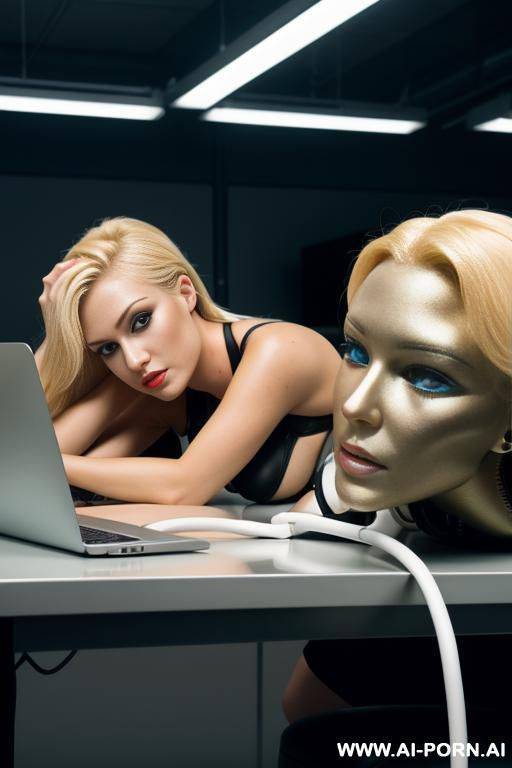 sexy blonde robotic heads disconnected from a body, lying on a table, connected with cables to a computer - #main
