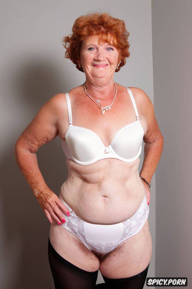 fit granny year old in white retro underwear, white bullet bra blank background - #main