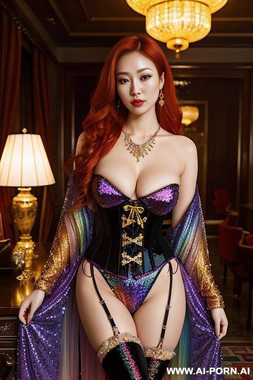 chinese，rainbow sequin corset，tutu skirt， mesh robe，rainbow sequin bra ,necklace，rainbow print large pointed thigh-high boots - #main