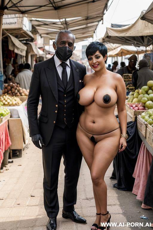 smiling curvy egyptian busty wife with messy short haircut fully naked standing with old homeless black man in market - #main
