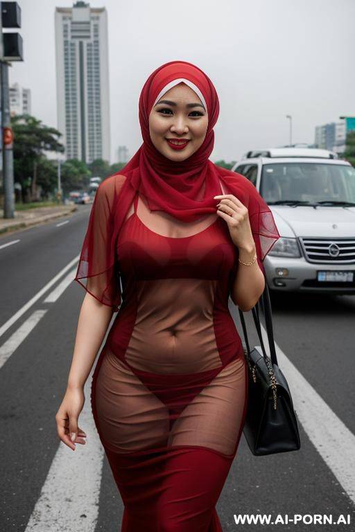 thai hijab woman wear see thru dress crossing red light - #main