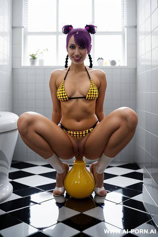 beautiful woman tottaly naked squatting on the floor, spread pussy lips, yellow fluid streamed down from her vagina, without panties, peeing, legs spread wide, looking directly at the viewer, soft - #main