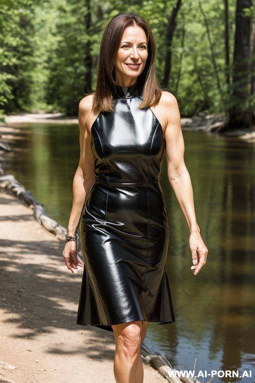 the most beautiful mature woman in the world, bright black sexy neck holder leather dress, light brown hair, almost blonde, parted in the middle, hiking trail at the banks of a lake in the glising morning sun - #main