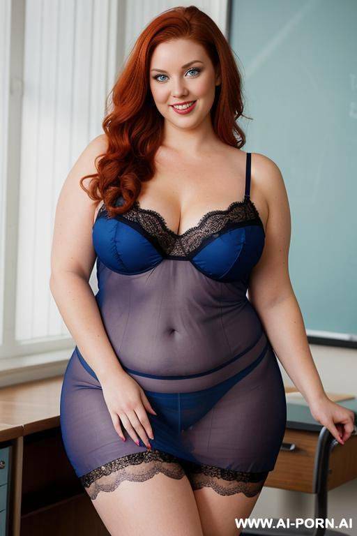 full body photo shot from dinamyc angle, about at classroom, fat bbw curvy redhead teacher, wearing a sexy and hot lace transparent nightgown ans stocking lingerie, she is reading a resume - #main
