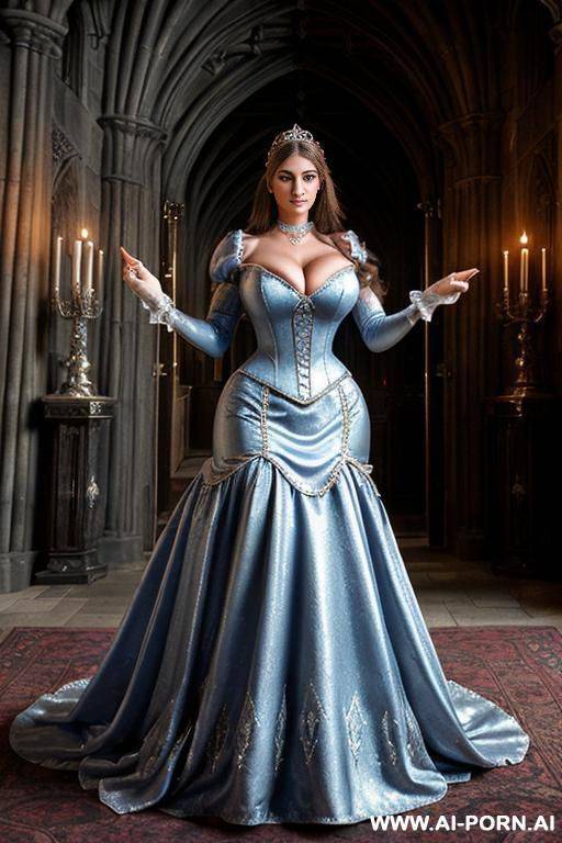 pulling dress up, medieval dress, realistic, high definition, proper proportions, massive breasts, cleavage, white dress, waist, curvy, busty - #main