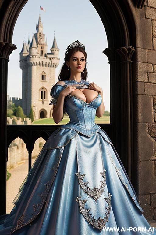 pulling dress up, medieval dress, realistic, high definition, proper proportions, massive breasts, cleavage, white dress - #main