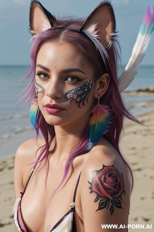 face, sexy, beautiful, ((face painting)), ((bikini as seashell)), ((tattoo roses)), ((eyes shw)), ((angel wings)), ((rainbow hair)), ((long bu hair)), ((wind)), (( cat face)), (( cat ears)), (((feather - #main