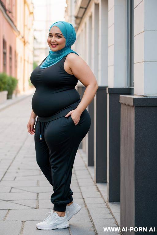 smiling curvy russian chubby wearing hijab standing, side view - #main