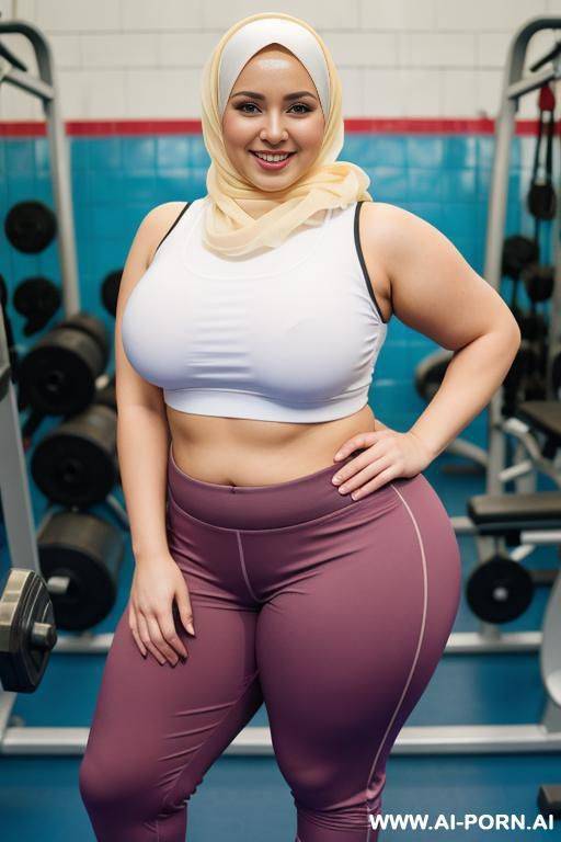 smiling curvy russian chubby wearing hijab standing in gym - #main
