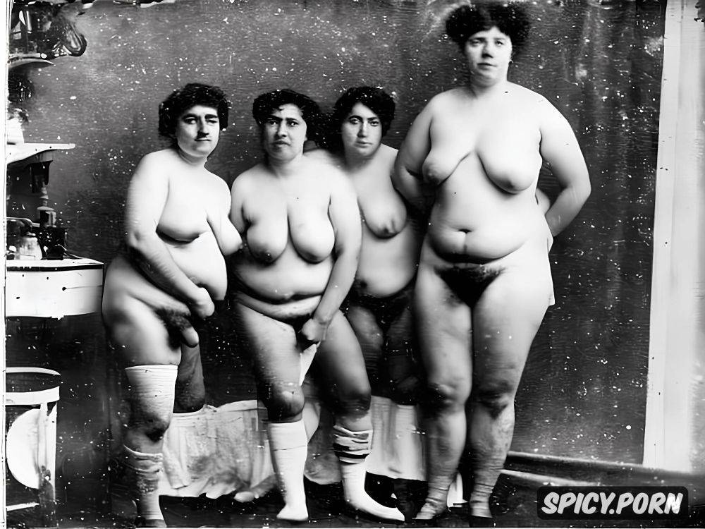 fully naked, group photo of 1800s fat lesbians, standing in victorian kitchen - #main