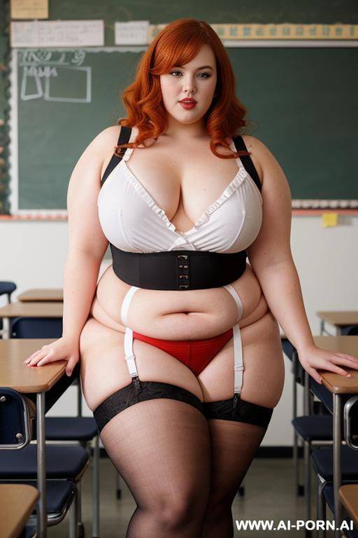 full body photo shot, about at classroom, so chubby and so fat bbw curvy teacher, wearing a sexy and hot micro red ruffle microskirt and elegant micro garter belt top, speaking to the classroom. - #main