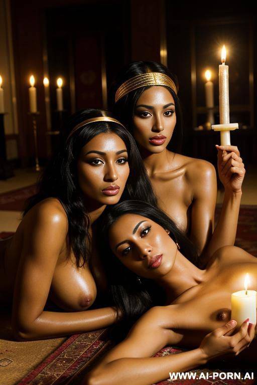 egyptian and black woman, sun tanned, oriental palace, candle light, totally naked, golden headband, full shot, lay down on oriental carpets and pillows, full shot - #main