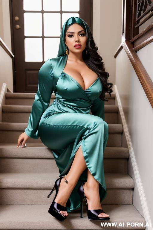 sitting low on stairs, a curvy latina wearing pakistani silver satin sal kameez, spreading open thick satin sal thighs sal apart, high heels, full body view in camera, cleavage, headscarf, horny lips, - #main