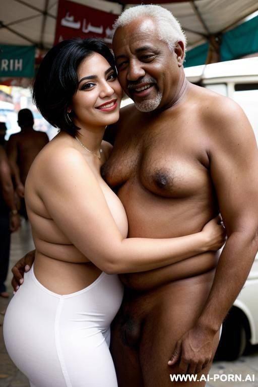 smiling curvy egyptian busty wife with messy short haircut fully naked hugged from old homeless black man in market - #main