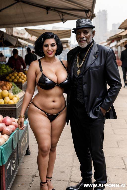 smiling curvy egyptian busty wife with messy short haircut fully naked standing with old homeless black man in market - #main