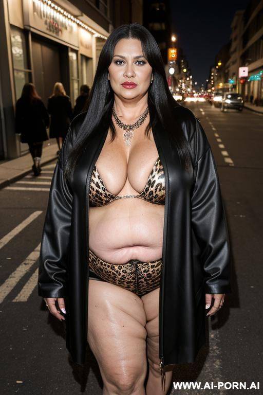 fat old milf, animal print hooker outfit, huge saggy boobs, long straight hair, crop jacket, necklace, chocker, elries, street night, waist shot - #main