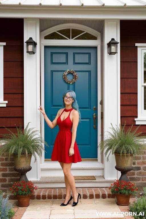 perfect body in a short red dress, long messy hair, bangs gold choker, nerd glasses, hands on chin - #main