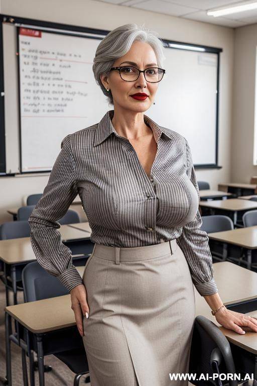 eyeglasses, lipstick, black high waist skirt, beige stripe pattern blouse shirt - #main