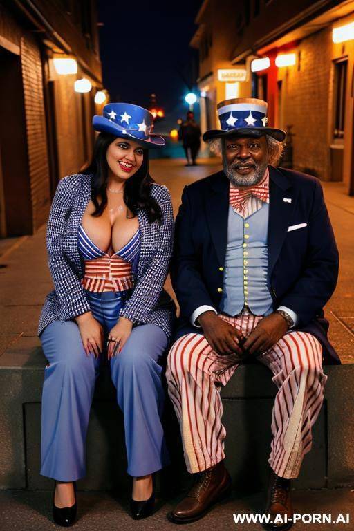 smiling curvy russian brunette busty wife with messy haircut fully naked sitting with old homeless fat black man at night - #main