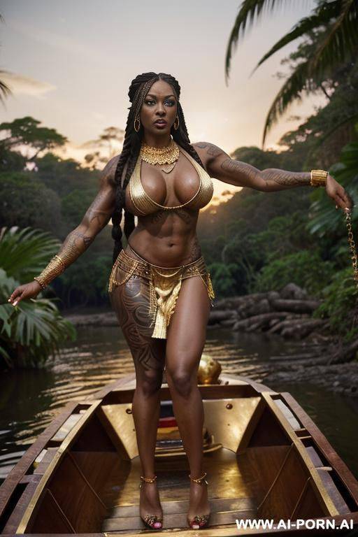 beautiful fit ethiopian queen, (lean toned body), (((defined muscles))), ((abs)), (((((saggy boobs))))), (((gold necklace))), ((long gold braided hair)), (((gold loincloth))), squatting on a wooden raft - #main