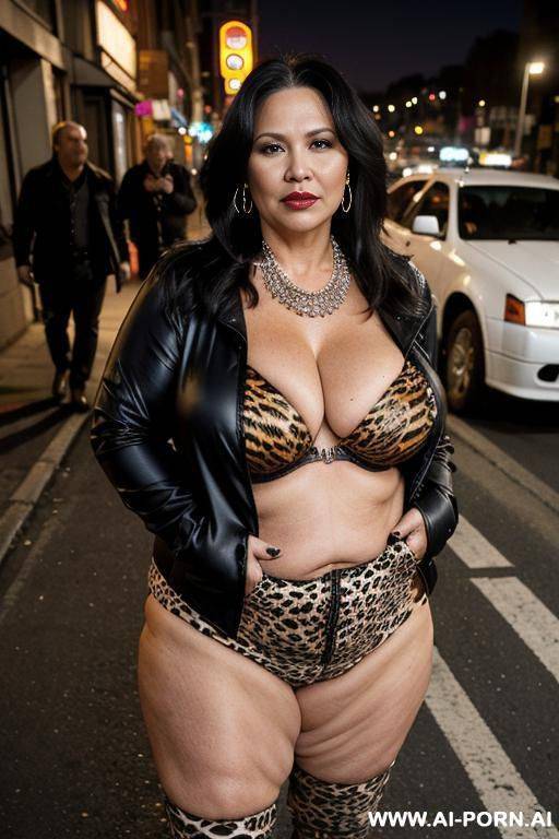 fat old milf, animal print hooker outfit, huge saggy boobs, crop jacket, necklace, chocker, elries, street night, waist shot - #main