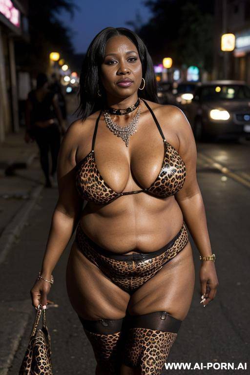 old milf, animal print hooker outfit, necklace, chocker, elry, street night, waist shot, naked tits (topless) - #main