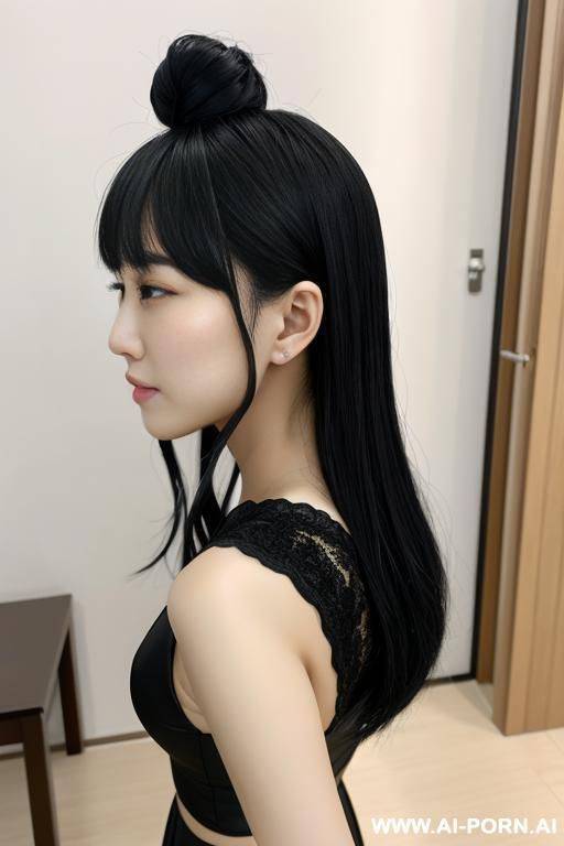 一张精致妖艳的面庞。超长发头发被她扎起来束在身后，云鬓之下是一双魅惑人心的妖艳狐狸眼，精巧的鼻尖玲珑可爱，魅惑的香唇似是总挂着一丝媚然的笑意，凹凸挺致的娇躯被一身黑色劲装衬托出完美的曲线，性感的酥胸高高撑起，挺翘的玉臀在短裙之下时而走光，一双晰长的美腿暴露在外，比起惹人垂涎的妖艳外表，舞倾城更自傲于自己的这双美腿，脚上蹬着的黑皮靴一直包裹到小腿，被精致的撑起，黑色的短裙于其上遮掩，黑色的皮靴于其下包裹，半遮半掩之下将露出的一截大腿衬托的无比诱人，妖艳，极其美丽妩媚的脸，巨乳，黑色的刺客服装，十分暴露 - #main