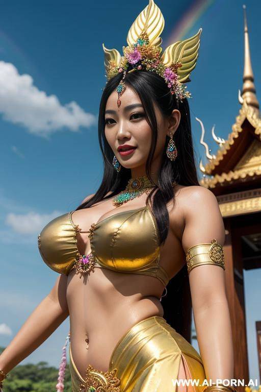 flowering rainbow​ woman realistic​ ancient​ thai​ goddess​ shine and dancing​ in sky show​ boobs​ - #main