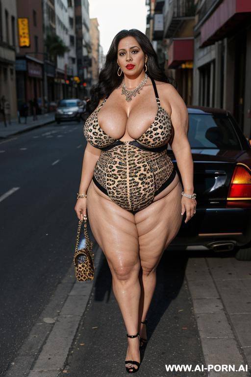 latina, fat old milf, animal print hooker outfit, huge saggy boobs, necklace, chocker, elries, street night, waist shot - #main