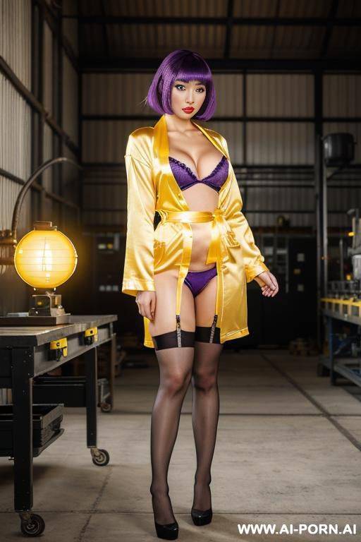 1 japanese woman, purple hair, two long straight tails, (complete open short satin bathrobe with satin bra underneath), garter belt, black stockings, bedroom - #main