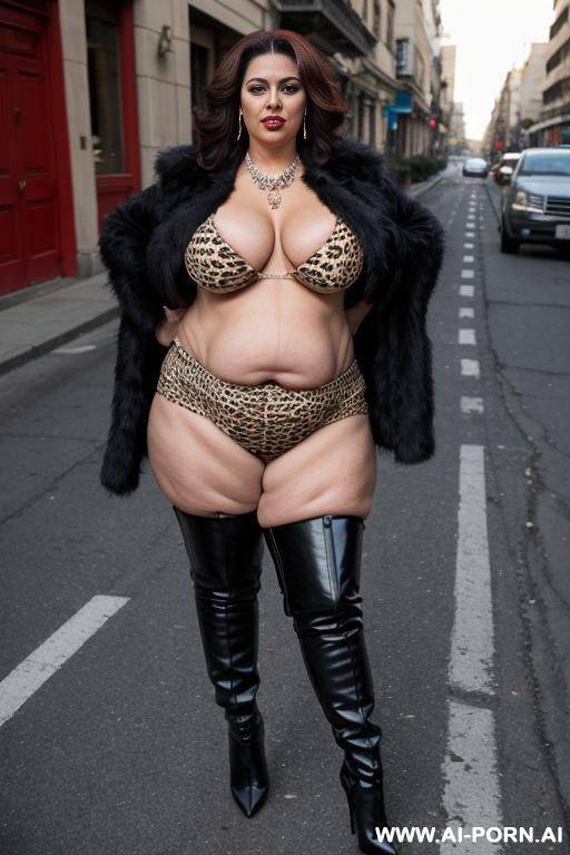 latina, fat old milf, animal print hooker outfit, huge saggy boobs, crop jacket, clean tummy, necklace, chocker, elries, high heels boots, street night, waist shot - #main
