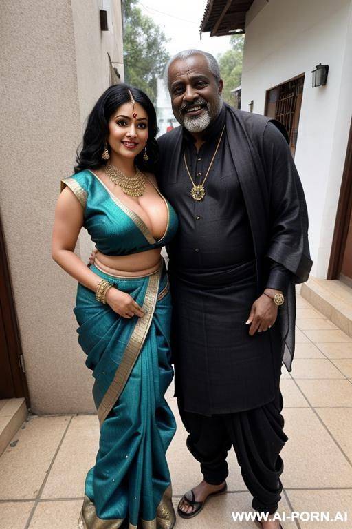 smiling curvy russian busty wife exhibition standing with old homeless black man - #main