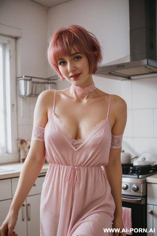 a short pink nightgown, lace choker, long legs, pixie cut - #main