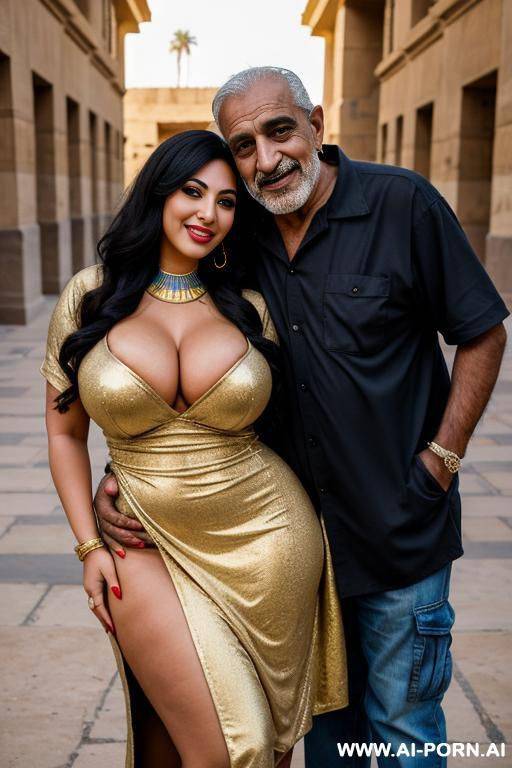 smiling curvy egyptian busty wife hugged from old homeless egyptian man - #main
