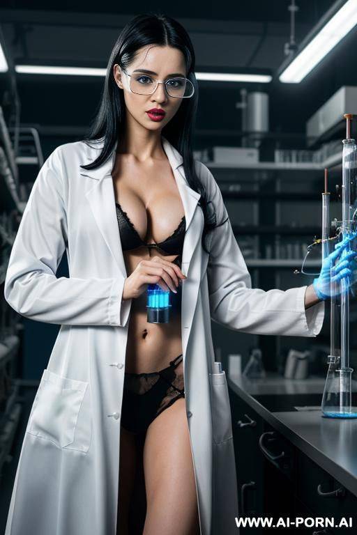(2 scientist women) (light skin) (blue eyes) (long straight black hair) (open lab coat) (biology lab) (1 male) (playing with pussy) - #main